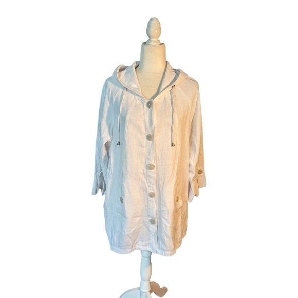 white linen blend oversized Lagenlook hooded trenchcoat jacket/ coverup sz 1X - Picture 8 of 10